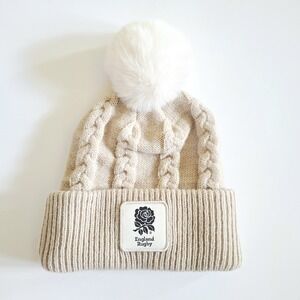 England Rugby Cable Knit Beige Pom-Pom Beanie Hat OS